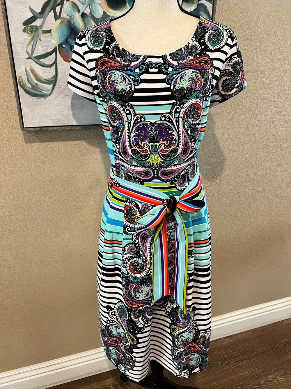 Shelby & Palmer Striped Paisley Midi Dress with Multicolor Tie